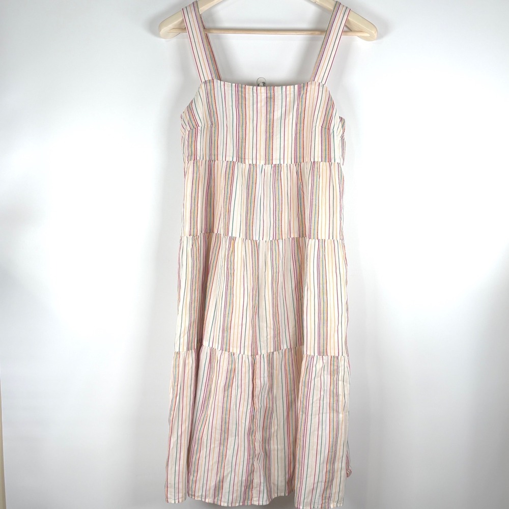 Madewell Tiered Midi Dress Womens 2 White Rainbow Stripe Boho Summer Sun Dress